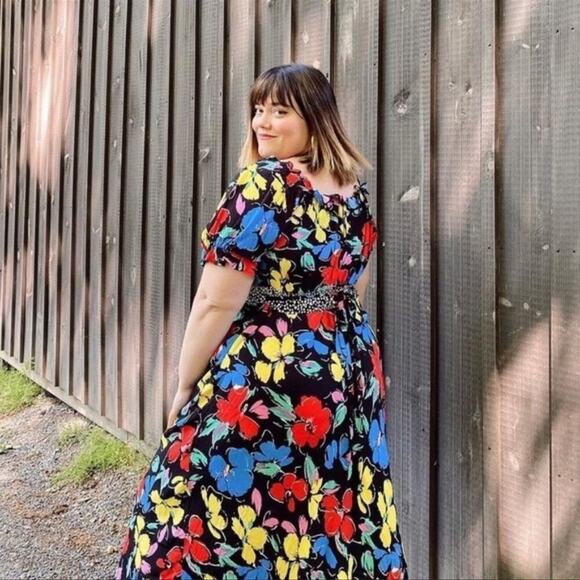Rixo Target Black Floral Off Shoulder Puff Sleeve Maxi Summer Dress Size 28W/30W - Picture 1 of 12